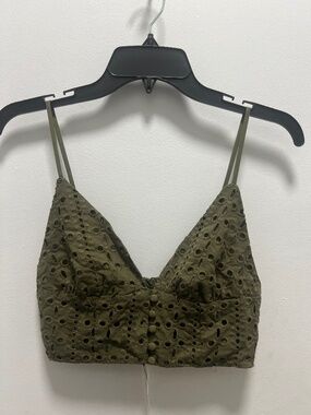 Bar III Green Embroidered Button Up Crop Top